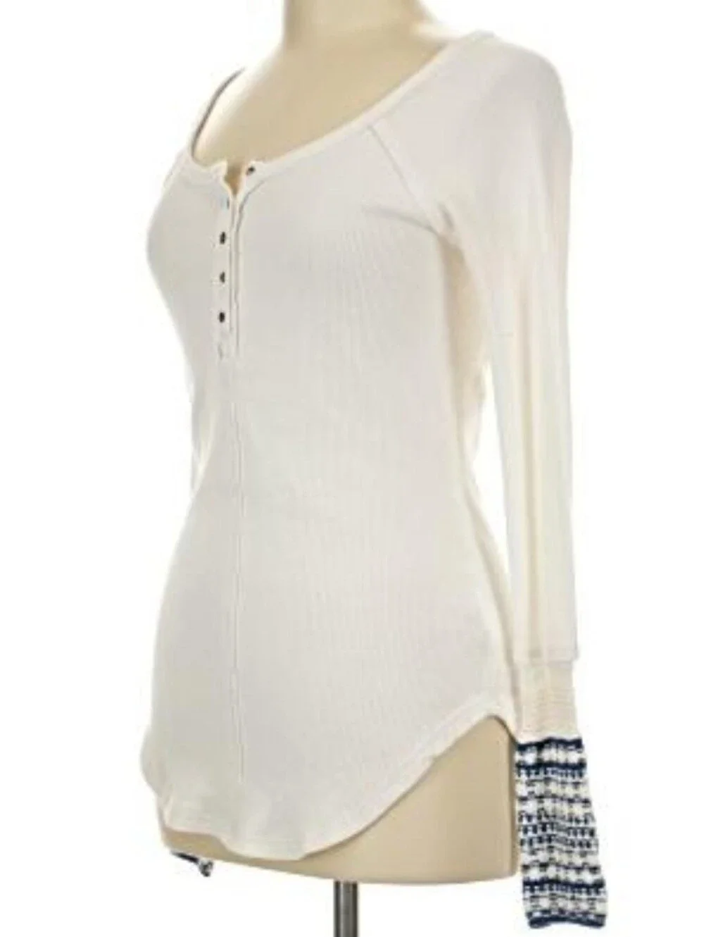Free People Newbie Ski Lodge Off-White Henley Top with Crochet Knit Cuffs